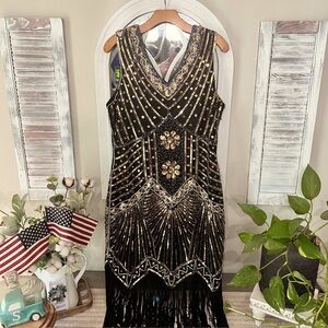 Elegant Black and Gold Midi Dress